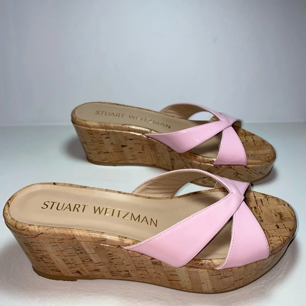 Stuart Weitzman NWOT Carmen Pink Platform Patent Leather Wedge Slide Sandals